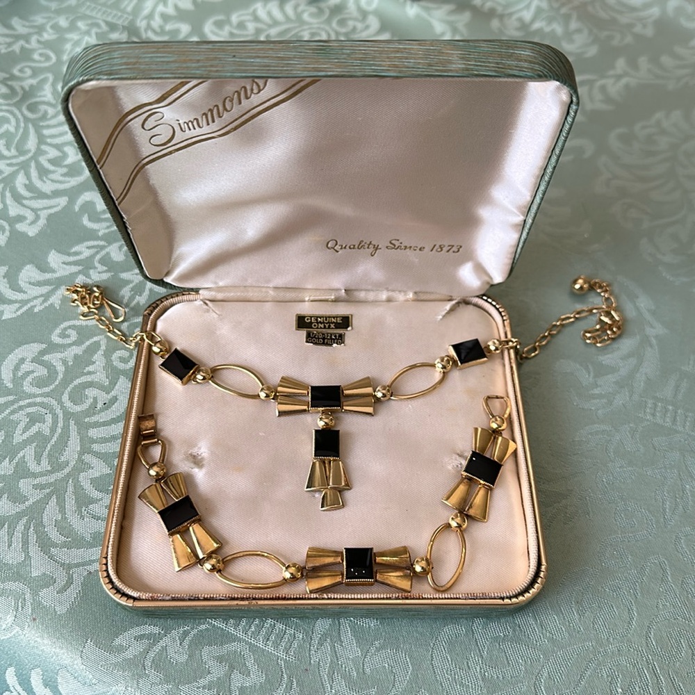 Simmons signed bracelet 7” & necklace 15” set onyx stones gold filled. Art deco